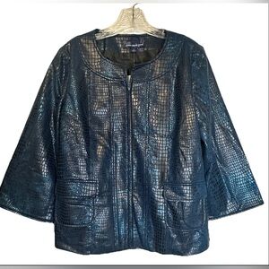 SUSAN‎ GRAVER Jacket Sz S Metallic Blue Reptile Chic Faux Leather Snake Skin New